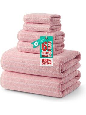 Luxury 6-Piece Cotton Bath Towel Set - Super Absorbent, Quick Dry, Striped, Pink